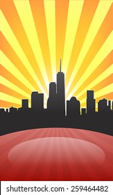 Modern cityscape on retro sunburst pattern with stage and spot on it. Vector illustration