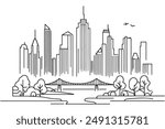 Modern cityscape one line vector drawing. Metropolis architecture panoramic view. New York skyscrapers hand drawn silhouette.