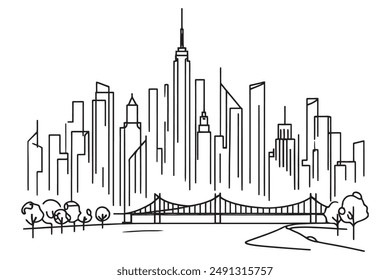 Modern cityscape one line vector drawing. Metropolis architecture panoramic view. New York skyscrapers hand drawn silhouette.