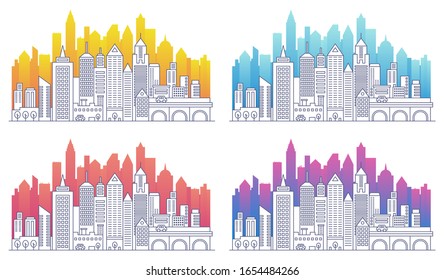 Modern cityscape outline vector illustrations set. Skyscrapers apartment buildings linear isolated. City skyline color gradient silhouettes set.