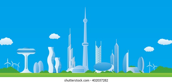 modern cityscape panorama view, futuristic buildings, vector illustration