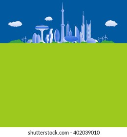 modern cityscape panorama view, futuristic buildings, vector illustration