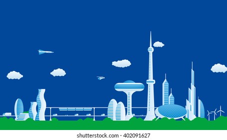 modern cityscape panorama view, futuristic buildings and transportation, design template, vector illustration