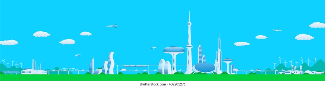 modern cityscape panorama view, futuristic buildings and transportation, design template, vector illustration