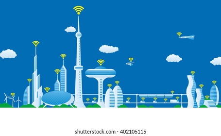 modern cityscape panorama view and wireless network, futuristic buildings and transportation, design template, vector illustration