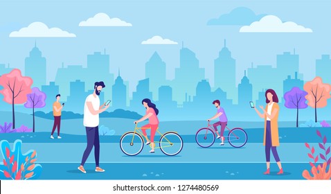 Modern cityscape with people and mobile technology vector illustration