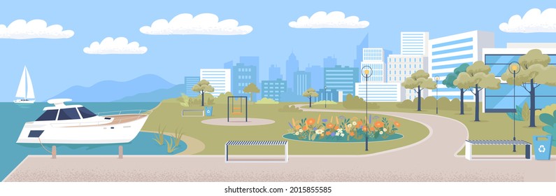 Modern cityscape quay with white yacht, arranged playground with lawn, flower beds, green park recreation area and swings