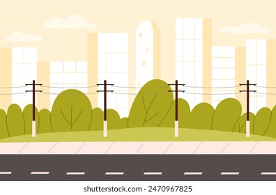 Paisaje urbano moderno, carretera con líneas eléctricas y siluetas de rascacielos Ilustración vectorial