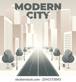 Modern cityscape showcasing tall skyscrapers along a straight main road lined with neatly arranged trees. Ideal for real estate promotion, urban planning, architectural concepts, city living, and