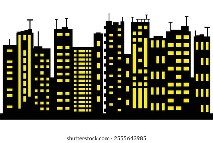 Modern cityscape silhouette with bright yellow windows, vector illustration