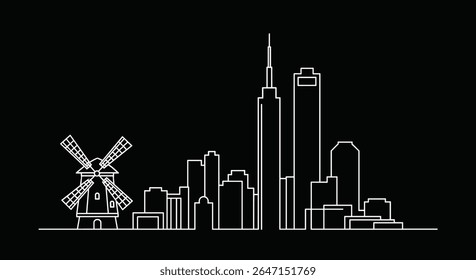Modern cityscape silhouette Windmill and tall buildings