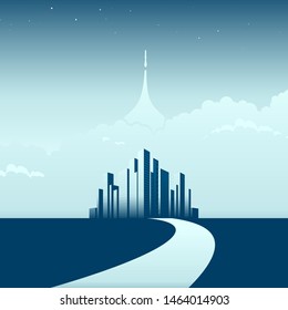 Modern cityscape or skyline background. Spaceship starting to future. Digital innovation concept for your design.