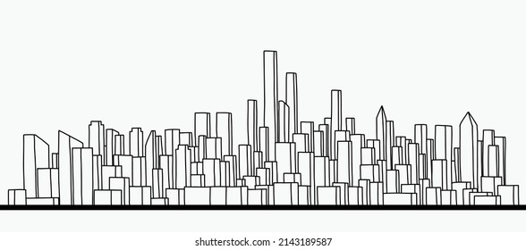 Modern cityscape skyline outline doodle drawing on white background. Vector illustration.