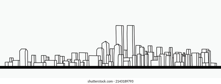Modern cityscape skyline outline doodle drawing on white background. Vector illustration.