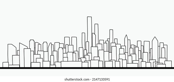 Modern cityscape skyline outline doodle drawing on white background. Vector illustration.