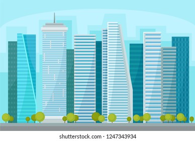 Modern cityscape with skyscrapers, business buildings at day time, urban panorama, city street landscape vector Illustration