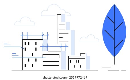 Modern cityscape with skyscrapers, construction cranes, and a large blue leaf symbolizing sustainability. Ideal for urban development, renewable energy, eco-friendly construction, modern