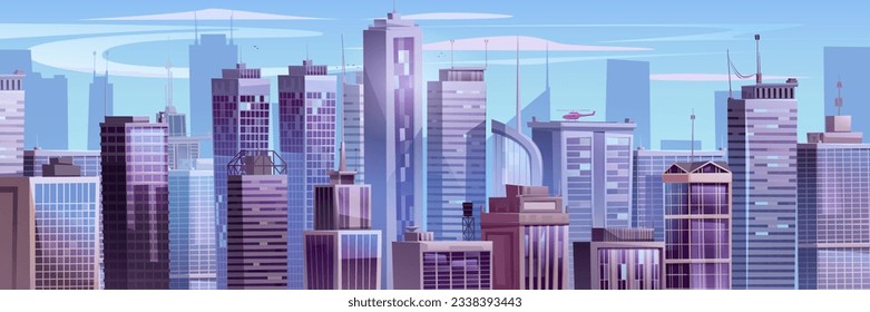 Moderno paisaje urbano con rascacielos y helicóptero en el techo. Ilustración vectorial contemporánea de la ciudad moderna, edificios de oficinas o apartamentos de altura con muchas ventanas, pájaros volando en el cielo, horizonte urbano