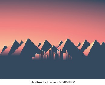 Modern cityscape with skyscrapers skyline in sunset colors. Mountain landscape background with high mountain range. Eps10 vector illustration.