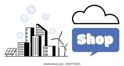 Modern cityscape with skyscrapers, wind turbines, solar panels, and technology icons. A blue cloud with the word Shop on the right. Ideal for sustainable cities, renewable energy, smart technology