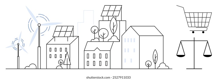 Paisagem urbana moderna com painéis solares em edifícios, turbinas eólicas, árvores, um carrinho de compras e escalas que representam equilíbrio. Ideal para energia renovável, sustentabilidade, vida ecológica, urbano