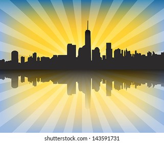 Modern cityscape at sunset with sun rays and reflection. Vector background