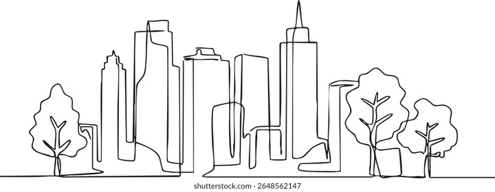 Modern cityscape tall building modern downtown business district one line continuous drawing