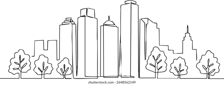 Modern cityscape tall building modern downtown business district one line continuous drawing