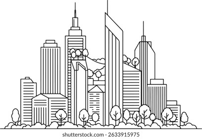 Paisagem urbana moderna, Planejamento urbano, Ilustração Skyline, Impressão de arquitetura, Cartaz imobiliário, Smart City Art, Design de cidade, Office Branding - Line Art Vetor of Skyscraper City Buildings