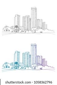 Modern cityscape. Urban silhouettes in hand drawn line ink sketch. Grey and colorful vector illustration on white