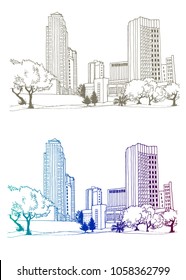 Modern cityscape. Urban silhouettes in hand drawn line ink sketch. Grey and colorful vector illustration on white