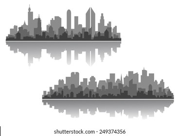 Modern cityscape vector designs with silhouettes of multiple high-rise buildings and skyscrapers with a reflection