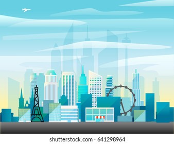 Ilustración vectorial moderna del paisaje urbano. Concepto de todo el mundo
