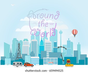 Modern cityscape vector illustration. Around the world concept