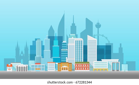Modern cityscape vector illustration. Office buildings houses and skyscrapers