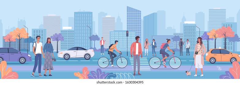 Modern cityscape and walking people colour vector illustration