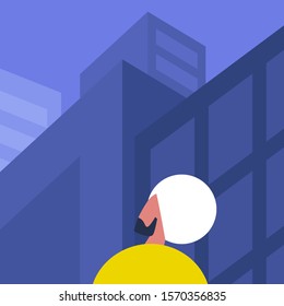 Modern cityscape, Young indian male character looking at the architecture of city downtown, skyscrapers and office buildings