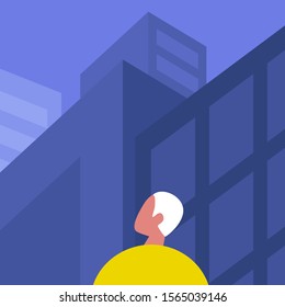 Modern cityscape, Young male character looking at the architecture of city downtown, skyscrapers and office buildings