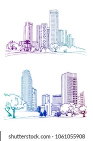 Modern cityscapes. Urban silhouettes in hand drawn line sketch. Colorful vector illustrations on white