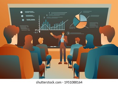 A modern class at a lecture, a male teacher at a large blackboard talks about logistics. Infographics on the blackboard, educational concept, modern design. Indoor study, educational lectures.