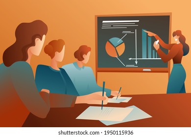 Moderner Unterricht in einer Sozialkunde, eine Lehrerin mit Kreide an der Tafel spricht über Logistik. Infografiken auf der Tafel, Bildungskonzept, modernes Design.