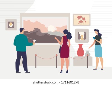 Modern or Classic Artist Drawings Exhibition in Art Museum Concept. Man and Women Looking on Landscape, Portrait, Still Life Drawings on Wall, People Visiting Museum Trendy Flat Vector Illustration