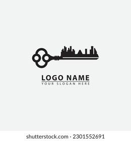 modern classic building key logo icon. Abstract vector graphic in a simple elegant flat illustration style.