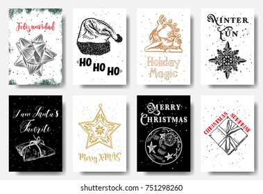 Modern and classic creative Christmas cards in black, gold and white illustration. Feliz Navidad, Ho Ho Ho, Holiday Magic, Winter Fun, I am Santa's favorite, Merry X MAS, Christmas Surprise. Vector. 