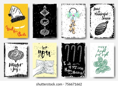 Modern and classic creative Christmas cards in black, gold and white illustration. Wait for Santa, Have a Wonderful Season, Winter Joy, For You, Merry bright just right, very Happy Holidays. Vector. 