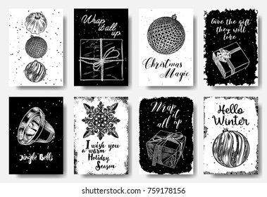 Modern and classic creative Christmas cards in black and white. Wrap it all up, Christmas Magic, Give the gifts they will love, Jingle Bells, I wish you a warm Holiday Season, Hello winter. Vector