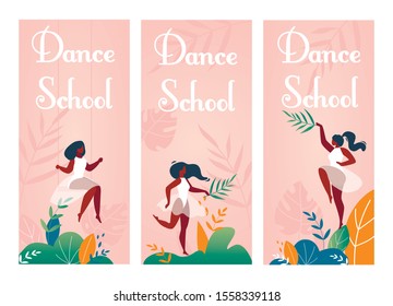 Modern and Classic Dance School, Choreography Studio Promotion. Cartoon Advertisement. Invitation Flyers Set. Elegantly Dressed Women Dancers Characters in Various Poses. Vector Flat Illustration
