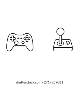Iconos de controlador de juegos modernos y clásicos
Dibujos en blanco y negro de dos mandos para juegos: uno moderno con joysticks y Botones, otro clásico con un solo palo y Botón.