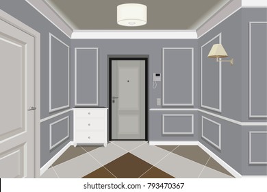 Modern Classic Hall Hallway Corridor In Old Vintage Apartment. Hallway Illustration.