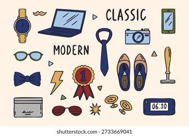 Modern classic icon set with alarm cardholder phone camera laptop tie shoes glasses lightning bow tie watch cufflinks stars mustache words modern classic. Vector illustration.